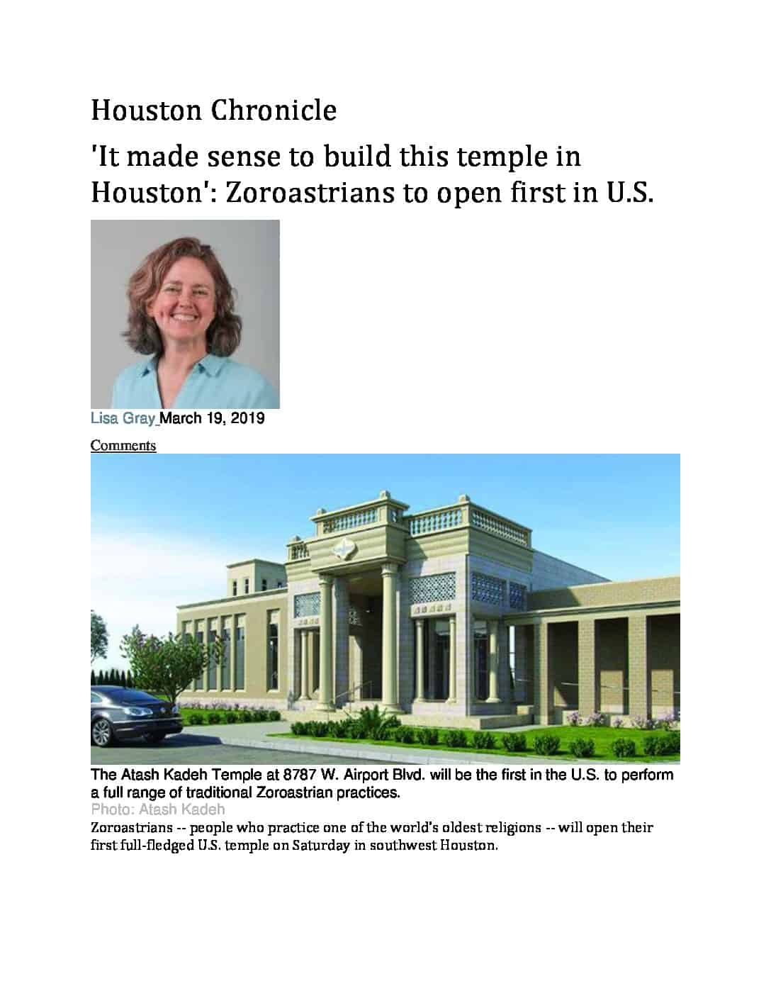 Zoroastrian Temple – Houston Chronicle (short)