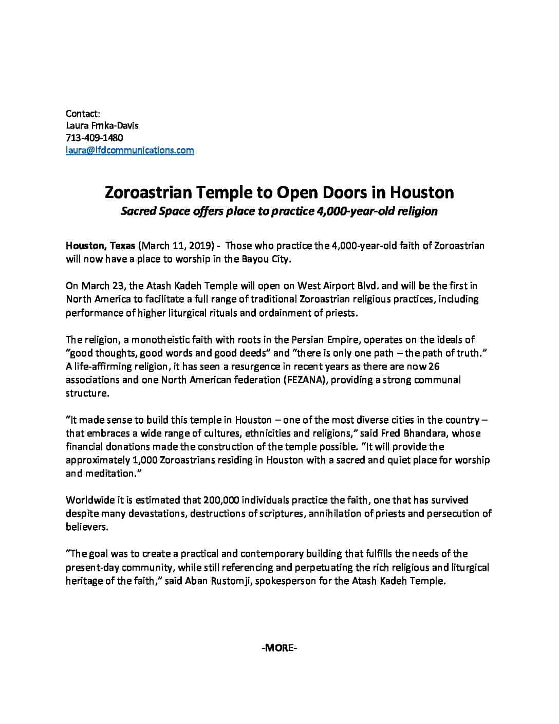 Zoroastrian Temple Press Release