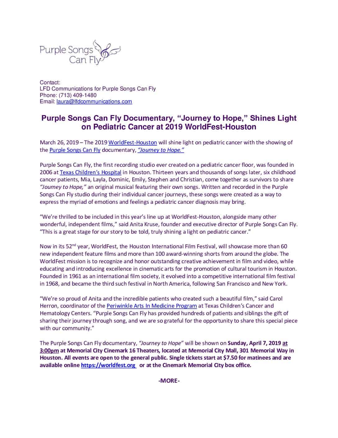 Purple Songs Can Fly WorldFest Press Release