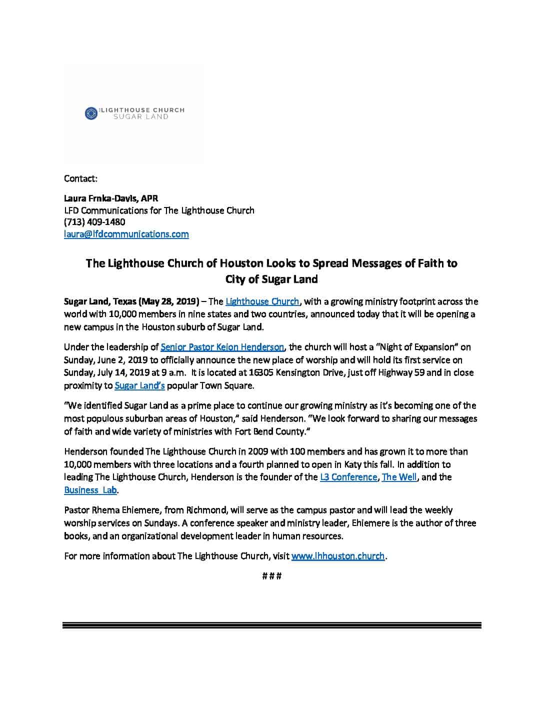 Lighthouse Church of Houston Press Release